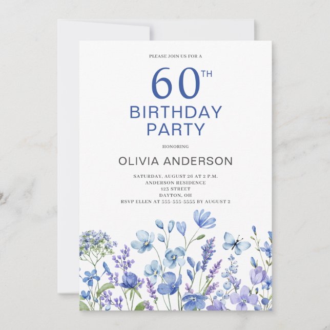 60th Birthday Blue Floral Invitation (Front)