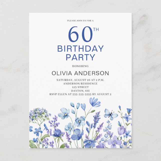 60th Birthday Blue Floral Invitation Postcard (Front)