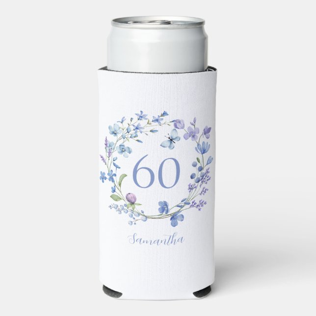60th Birthday Blue Floral Name Cooler (Seltzer Back)