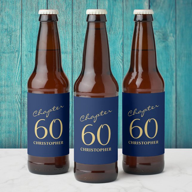 60th Birthday Blue Gold Beer Bottle Label (Creator Uploaded)