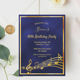 60th birthday blue gold music notes invitation postcard