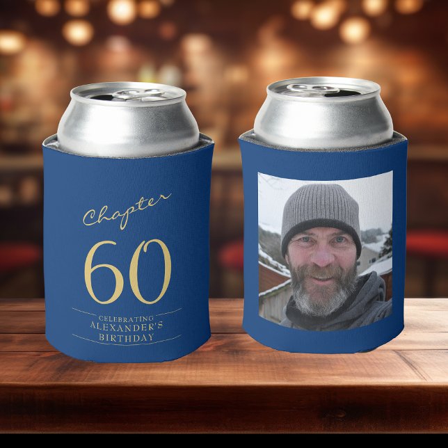 60th Birthday Blue Gold Photo Template Can Cooler (Two custom 60th birthday can coolers with name on front photo on rear sat on a bar top)