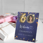 60th Birthday blue gold stars photo welcome Pedestal Sign<br><div class="desc">A welcome sign for a 60th birthday party.  A navy blue background with elegant faux gold stars. The blue colour is uneven.  Personalise and add a photo,  name and text.  White letters.</div>