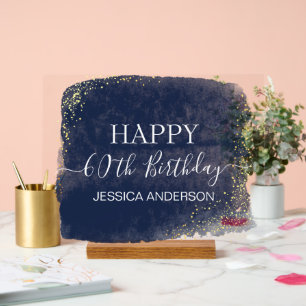 60th Birthday Blue Gold Watercolor Clear Acrylic Sign