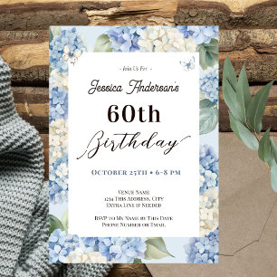 60th Birthday Blue Hydrangea Adult Garden Invitation