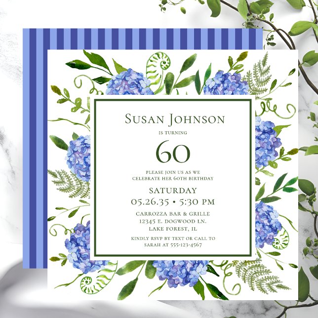 60th Birthday Blue Hydrangeas Invitation (Creator Uploaded)