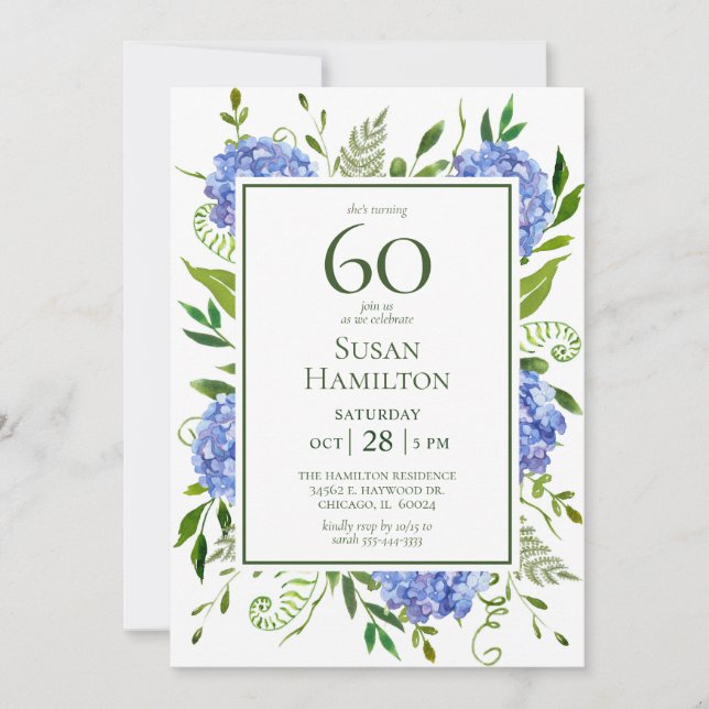60th Birthday Blue Hydrangeas Invitation (Front)
