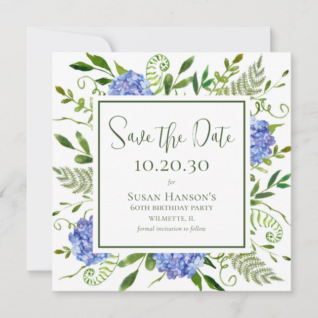 60th Birthday Blue Hydrangeas Save The Date (Front)