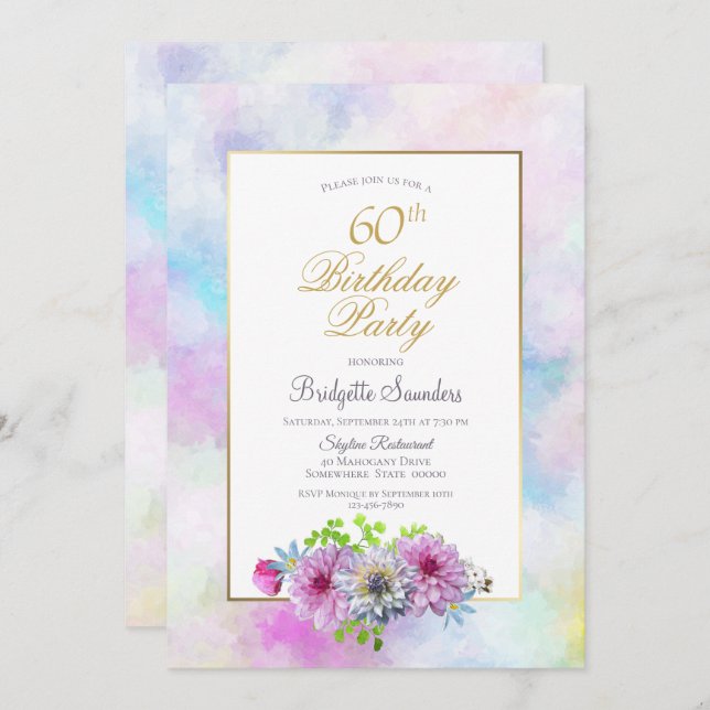 60th Birthday Blue Pink Floral Gold Pastel Border Invitation (Front/Back)