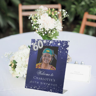 60th Birthday blue silver stars photo welcome Pedestal Sign