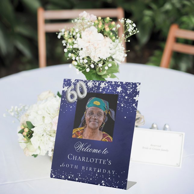 60th Birthday blue silver stars photo welcome Pedestal Sign (Creator Uploaded)