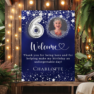 60th Birthday blue silver stars photo welcome Poster