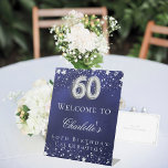 60th Birthday blue silver stars welcome party Pedestal Sign<br><div class="desc">A welcome sign for a 60th birthday party.  A navy blue background with elegant faux silver stars. The blue colour is uneven.  Personalise and add a name and text.  White letters.</div>
