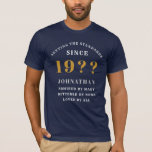 60th Birthday Blue White Gold Elegant Name Year T-Shirt<br><div class="desc">A personalised design for that 60th birthday celebration. Add the name and year to this vintage retro style design for a custom birthday gift. Easily edit the name and year with the template provided. A wonderful custom birthday gift. More gifts and party supplies for that party celebration available in the...</div>
