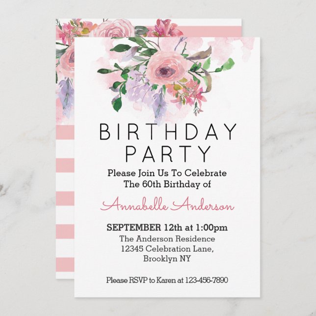 60th Birthday Blush Pink Floral Watercolor Stripes Invitation (Front/Back)