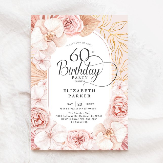 60th Birthday Blush Pink Gold Floral Invitation (Creator Uploaded)
