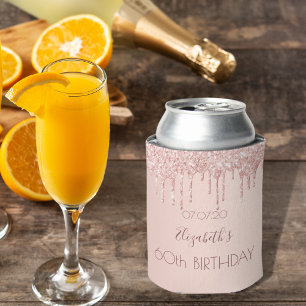 60th birthday blush rose gold glitter drips can cooler