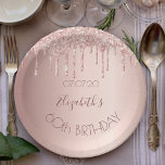 60th birthday blush rose gold glitter drips name paper plate<br><div class="desc">A paper plate for a girly and glamorous 60th birthday party. A faux rose gold metallic looking background with an elegant faux rose gold glitter drips, paint drip look. The text: The name is written in dark rose gold with a large modern hand lettered style script. Template for name, age...</div>