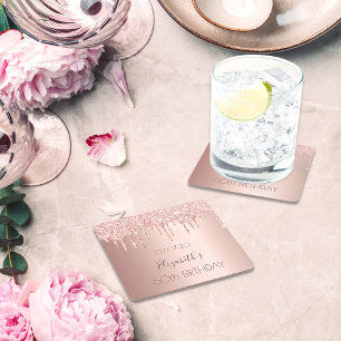 60th birthday blush rose gold glitter drips name square paper coaster
