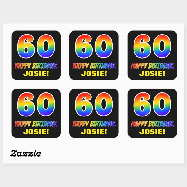 60th Birthday: Bold, Fun, Simple, Rainbow 60 Square Sticker (Sheet)