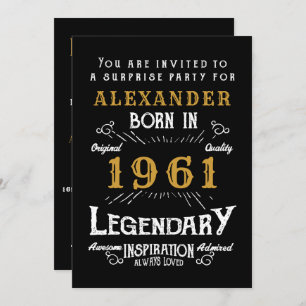 60th Birthday Born 1961 Black Gold Retro Vintage Invitation