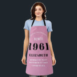 60th Birthday Born 1961 Pink Black Lady's Apron<br><div class="desc">A personalised classic pink apron design for that birthday celebration for somebody born in 1961 and turning 60. Add the name to this vintage retro style pink, white and black design for a custom 60 birthday gift. Easily edit the name and year with the template provided. A wonderful custom birthday...</div>