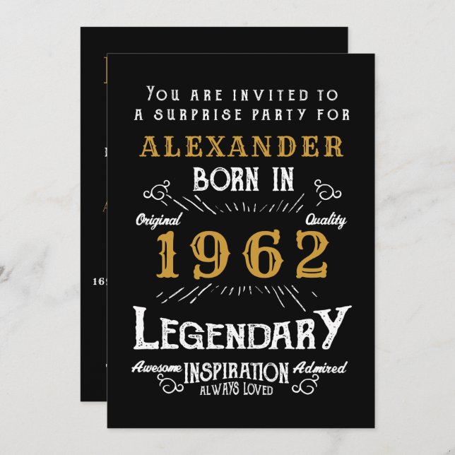 60th Birthday Born 1962 Black Gold Retro Invitation (Front/Back)