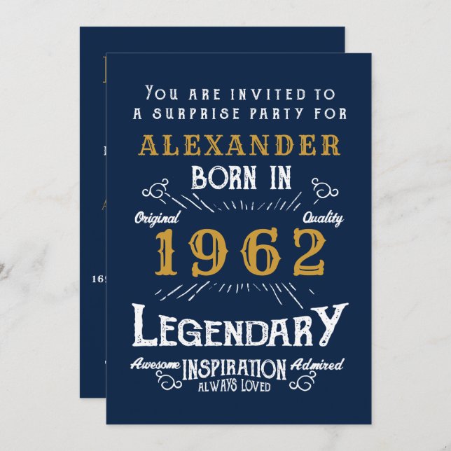 60th Birthday Born 1962 Blue Gold Retro Invitation (Front/Back)