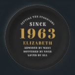 60th Birthday Born 1963 Add Name Black Gold Paper Plate<br><div class="desc">Personalized Birthday add your name and year paper plate. Edit the name and year with the template provided. A wonderful custom birthday party accessory. More gifts and party supplies available with the "setting standards" design in the store.</div>