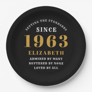 60th Birthday Born 1963 Add Name Black Gold Paper Plate