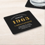 60th Birthday Born 1963 Add Name Black Gold Square Paper Coaster<br><div class="desc">Personalized Birthday add your name and year coaster. Edit the name and year with the template provided. A wonderful custom birthday party accessory. More gifts and party supplies available with the "setting standards" design in the store.</div>