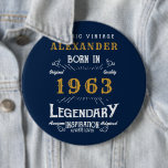 60th Birthday Born 1963 Add Name Blue Gold Legend 6 Cm Round Badge<br><div class="desc">Birthday add your name badge / button. Edit the name and year with the template provided. A wonderful custom blue birthday design. More gifts and party supplies available with the "Legendary" design in the store.</div>