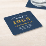 60th Birthday Born 1963 Add Name Blue Gold Square Paper Coaster<br><div class="desc">Personalized Birthday add your name and year coaster. Edit the name and year with the template provided. A wonderful custom birthday party accessory. More gifts and party supplies available with the "setting standards" design in the store.</div>