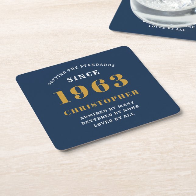 60th Birthday Born 1963 Add Name Blue Gold Square Paper Coaster (Angled)