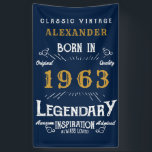 60th Birthday Born 1963 Add Name Legend Blue Gold Banner<br><div class="desc">Personalised birthday banner. Add the name to this vintage style retro print birthday banner. Edit the name and year with the template provided. A wonderful custom blue birthday wall hanging with white and gold vintage style typography.  More gifts and party supplies available with the "Legendary" design in the store.</div>