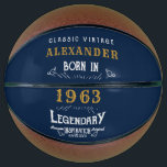 60th Birthday Born 1963 Add Name Legend Blue Gold Basketball<br><div class="desc">Vintage design "Original Quality Legendary Inspiration" basketball. Add the name and year as desired in the template fields creating a unique  birthday celebration item. Team this up with the matching gifts,  party accessories,  and clothing available in our store www.zazzle.com/store/thecelebrationstore</div>