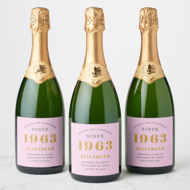60th Birthday Born 1963 Add Name Pink Gray  Sparkling Wine Label (Bottles)