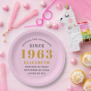60th Birthday Born 1963 Add Name Pink Grey Paper Plate