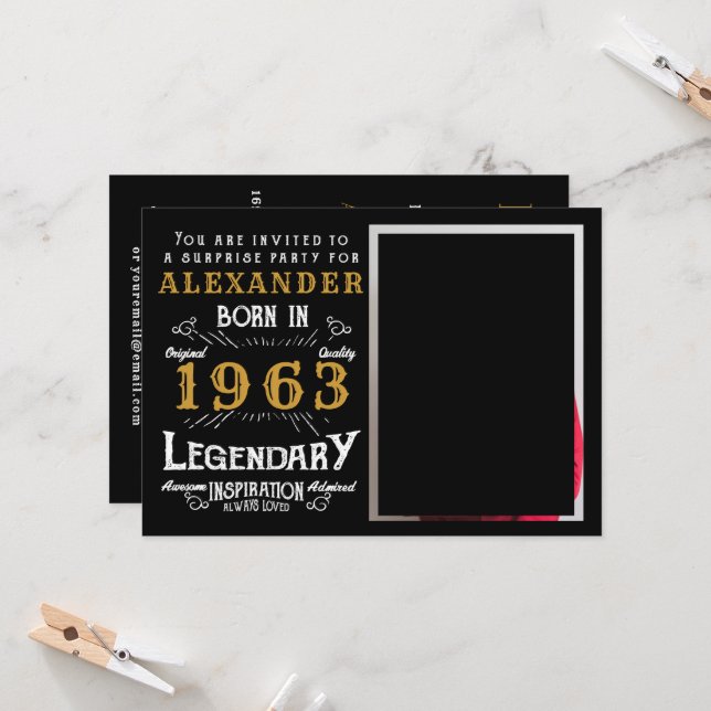 60th Birthday Born 1963 Black Gold Retro Photo Invitation (Front/Back In Situ)