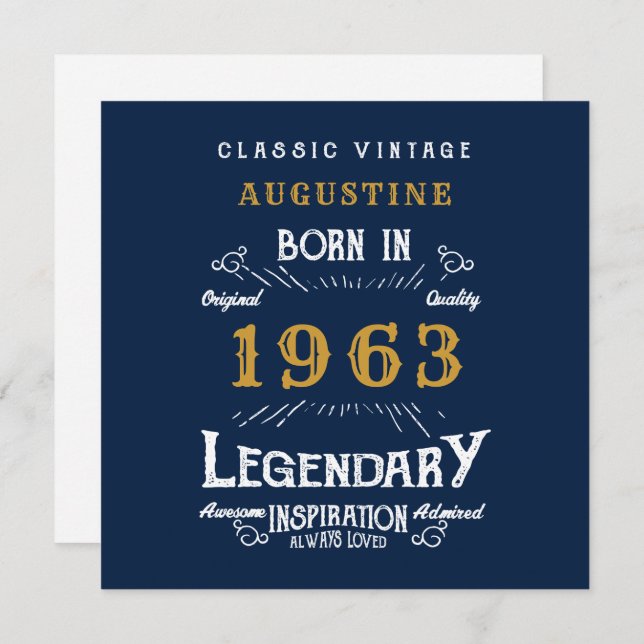 60th Birthday Born 1963 Legend Blue Gold Greeting Card (Front/Back)