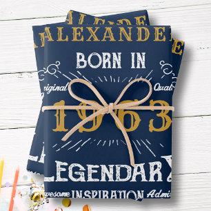 60th Birthday Born 1963 Vintage Blue Gold Legend Wrapping Paper Sheet