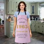 60th Birthday Born 1965 Pink Grey Lady's Apron<br><div class="desc">Celebrate a 60th birthday with this stunning pink and grey apron! Customise this one-of-a-kind apron with your own personal touch by adding the name, age, favourite quote, or whatever you want! It makes the perfect personalised gift for your loved one. Whether they are an amateur chef or just want to...</div>