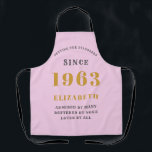 60th Birthday Born 1965 Pink Grey Lady's Apron<br><div class="desc">Celebrate a 60th birthday with this stunning pink and grey apron! Customise this one-of-a-kind apron with your own personal touch by adding the name, age, favourite quote, or whatever you want! It makes the perfect personalised gift for your loved one. Whether they are an amateur chef or just want to...</div>