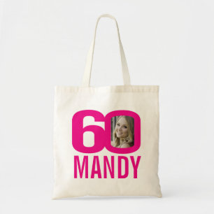 60th birthday bright pink 60 custom photo tote bag