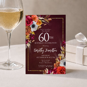 60th Birthday Burgundy Fall Flowers Elegant Script Invitation