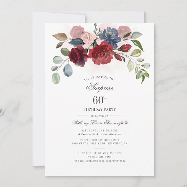 60th Birthday Burgundy Floral Birthday Party Invitation (Front)