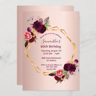 60th birthday burgundy florals rose gold geometric invitation
