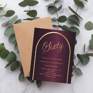 60th birthday burgundy gold arch script invitation