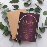 60th birthday burgundy gold arch script luxury invitation<br><div class="desc">An elegant 60th birthday invitation.  A burgundy background with a golden arch on the front.</div>