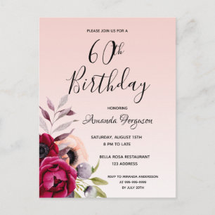 60th birthday burgundy rose gold floral invitation postcard